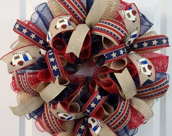 July 4th Front Door Wreaths, 4th Of July Door Wreath, Camper Themed Decorations, Patriotic Summer Door Wreaths, Farmhouse Porch Decor