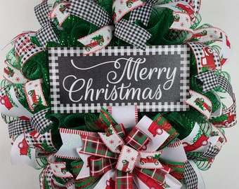 Merry Christmas Wreath, Buffalo Check Christmas Wreath, Farmhouse Holiday Wreath, Christmas Red Truck Decor, Xmas Door Decorations