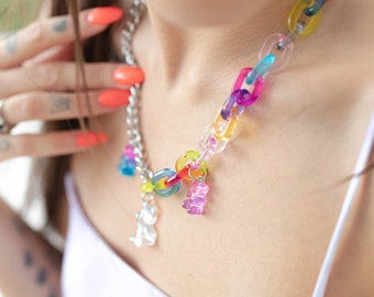 Y2K aesthetic; Rainbow Cute Jelly Bear Gummy Necklaces for Women Girls; Acrylic Resin Stainless Steel Chain Necklaces