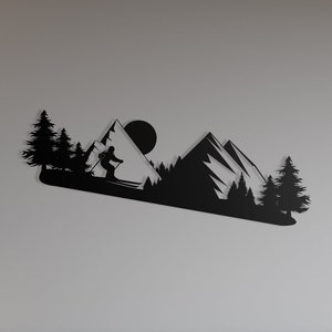 Metal Skier Wall Art, Mountain and Trees Wall Art, Ski Lover Gift, Office Home Decoration, Wall Hangings, Metal Sign, winter sport accessory