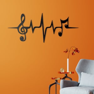 EKG Line Music Notes Treble Clef Heartbeat Sinus Rhyt Music Notes Wall Art, Metal Wall Decor, Music Decor, Living Room Decoration