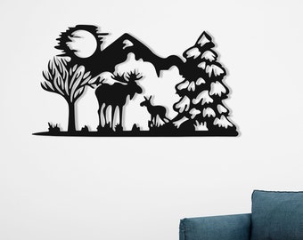 Metal Deers Art, Tree Mountain Decoration, Nature Wall Art, Wildlife Lover Gift, Metal Sign, Landscape Mountain Trees Animals Wall Art