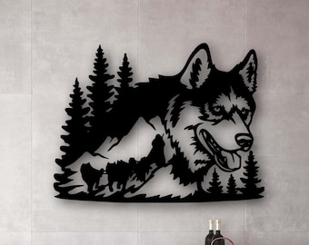 Decoração de Husky Siberiano, arte de linha minimalista, arte de parede de casa, decoração de parede de animal de metal, design de interiores, presente de inauguração, tamanho; 20"x15" / 50x38cm
