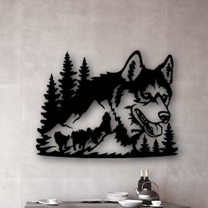 Décoration husky sibérien, dessin au trait minimaliste, art mural maison, décoration murale animal en métal, design d&#39;intérieur, cadeau de pendaison de crémaillère, taille ; 50 x 38 cm (20 x 15 po.)