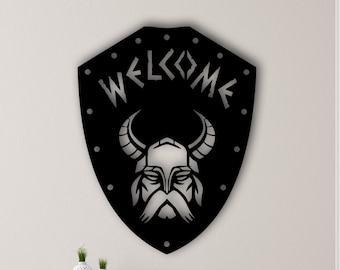 Willkommen Wikinger Schild Metall Wanddekor, Vegvisir Isländisch Metall Wand Kunst Nordisches Symbol, Metall Wandbehänge, Größe; 20"x15,4" / 50x39cm