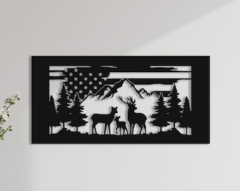 American flag and Amazing nature metal wall art, Mountain and Deer metal decor, Rising Eagle Flag,Reindeer and family,23.7''  x 11.7'' Inc