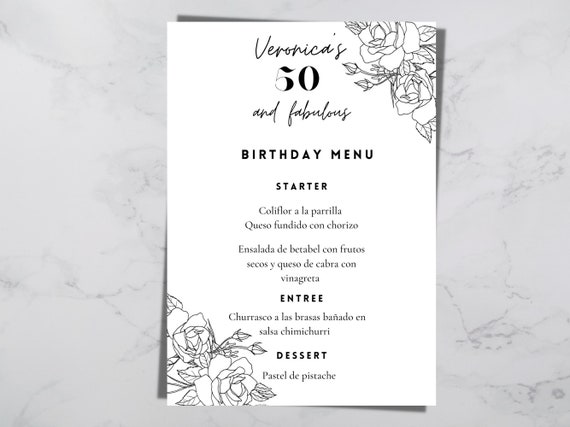 chic monochrome Editable black and white template design Modern Anniversary Party Floral Minimalist Menu Template