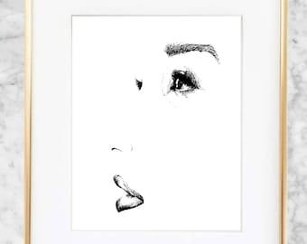 Minimalist female portrait abstract pen sketch print