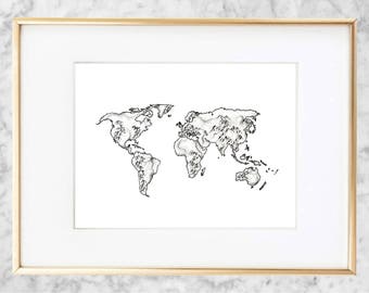 Minimalist world map pen sketch print