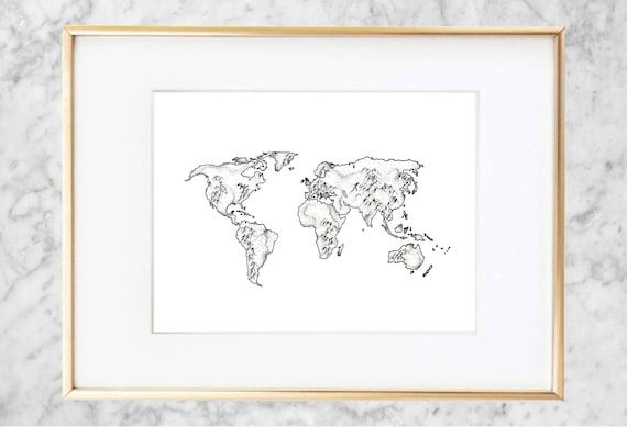 Minimalist World Map Pen Sketch Print
