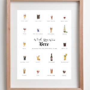 バーカートアート：「Wish You Were Beer」 – 水彩画、8 x 10 インチ、ビールのスタイルと象徴的なブランド
