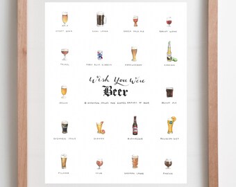 Bar Cart Art: &quot;Wish You Were Beer&quot; – Watercolor, 8x10in, Beer styles and iconic brands