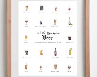 Bar Cart Art: "Wish You Were Beer" – Watercolor, 8x10in, Beer styles and iconic brands