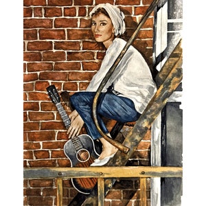 Watercolor Audrey Hepburn Portrait, 8x10, Print Breakfast At Tiffany's Moon River scene image 2