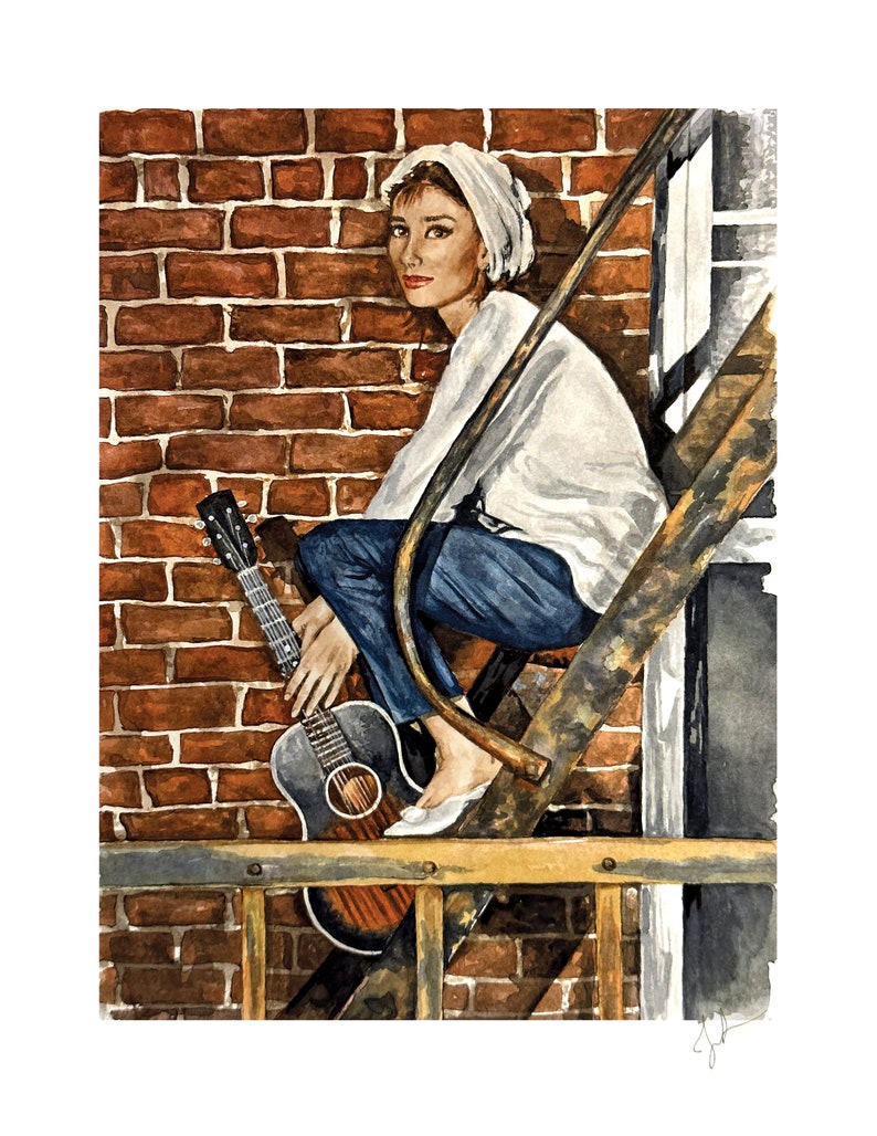 Watercolor Audrey Hepburn Portrait, 8x10, Print Breakfast At Tiffany's Moon River scene image 2