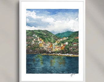 Watercolor Painting of Cinque Terre, Manarola, Riomaggiore – Print