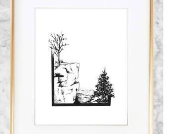 Minimalist cliffs abstract pen sketch print