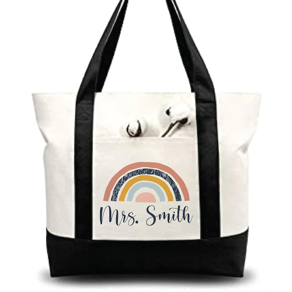 Custom Teacher Tote, Boho Rainbow Tote, Teacher Tote, Teacher Tote Bag, Personalized, Canvas Bag, Teacher Bag, Teacher Gifts, Canvas Tote