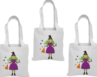 Set of 3 Witch Halloween Cotton Treat Bags, Party Favor Bags