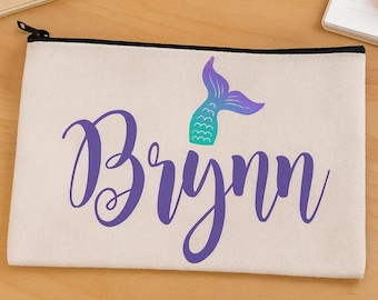 Personalized Mermaid Pencil / School Supplies / Makeup Pouch - 8x5 inch Canvas with Zipper