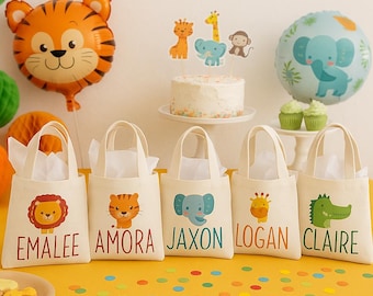 Bolsas personalizadas para regalos de fiesta con temática de animales del zoológico - Bolsas de regalo de cumpleaños con temática de safari - Juego de 6