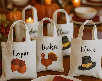 Thanksgiving Party Favor Bags - Personalized with each Guest's Name - Cotton with handles - Reusable
