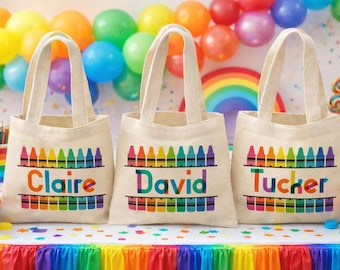 Rainbow Party Favor Bags, Personalized Crayon Treat Bags, Set of 3