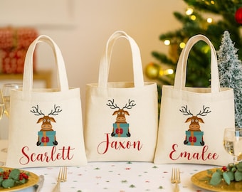 Personalized Christmas Reindeer Gift Bag – Holiday Favor Tote, Set of 3
