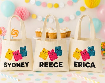 Gummy Bear Party Favor Bags: Personalized Cotton Treat Bags - Set of 3