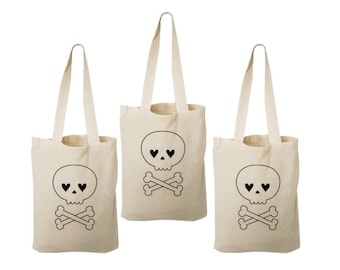 Set of 3 Halloween Cotton Treat Bags, Skull Party Favor Bags