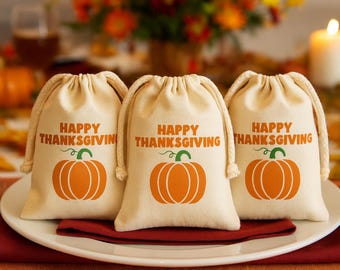 Thanksgiving Party Favor Bags - Pumpkin Canvas Drawstring Treat Bags