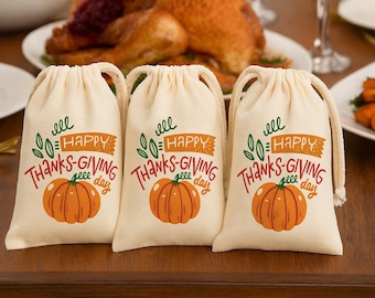 Thanksgiving Cotton Canvas Favor Bags – Pumpkin Design, Variety of Sizes