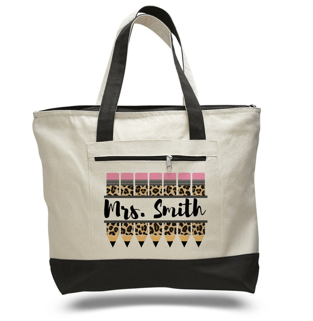 Cute Personalized Teacher Tote Bag With Adorable Cheetah-print Pencil ...