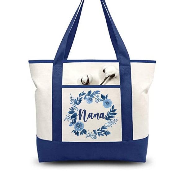 Nana Tote, Nana Tote Bag, Tote Bag, Nana, Canvas Bag, Nana Bag, Nana Gifts, Canvas Tote Bag, Tote Bag, Blue, Blue Tote Bag, Floral, Bag