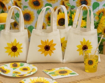 Sacolas de algodão personalizadas com estampa de girassol para lembrancinhas de festa - Conjunto com 3 unidades