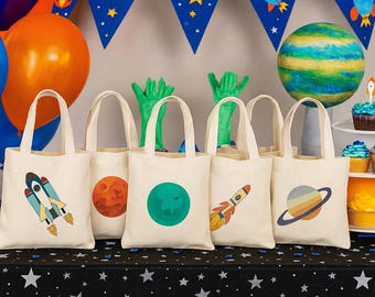 Rymdfestpåsar – Raket & Planet bomullspresentpåsar, set med 6