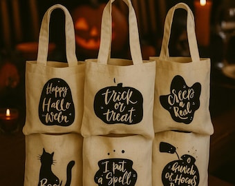 Sacs cadeaux d'Halloween en coton - Designs effrayants, lot de 6