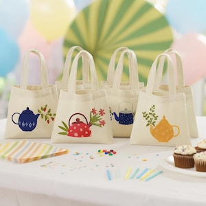 Tea Party Favor Bags - Cotton Teapot Mini Totes, Set of 6