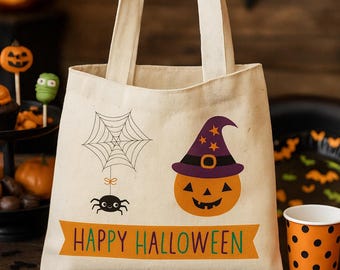 Pumpkin & Spider Canvas Trick or Treat Bag – Reusable Halloween Tote