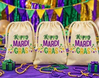 Feestzakjes Mardi Gras, katoenen traktatiezakjes met trekkoord