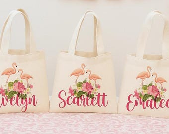 Pochettes pour cadeaux personnalisées Flamant rose - Cabas en coton tropical, lot de 3
