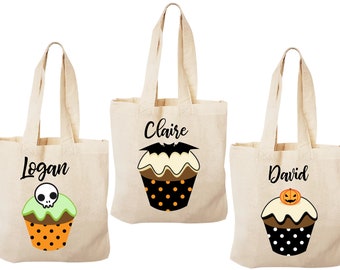 Juego de 3 bolsas de regalo de Halloween personalizadas, bolsas de algodón ecológicas.
