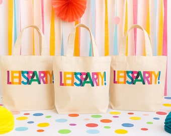 Bolsas de regalo de algodón con diseño de arcoíris "¡A FIESTA!", reutilizables para fiestas.
