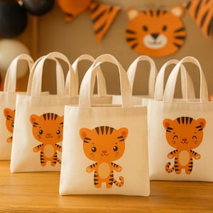 Tiger Party Favor Bags - Safari Jungle Cotton Goodie Bags - Set of 6
