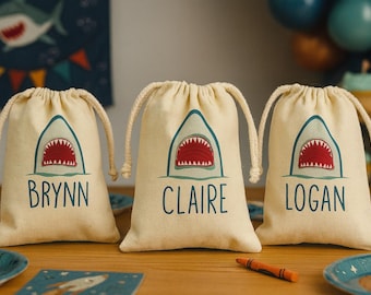 Personalized Shark Party Favor Bags - Set of 3 Cotton Goodie Bags