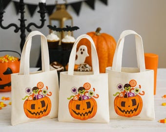 Bolsas de regalo para fiestas de Halloween con forma de calabaza – Juego de 3 bolsas de algodón para dulces