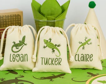 Custom Lizard Party Favor Bags - Personalized Cotton Drawstring Gift Bags - Set of Three