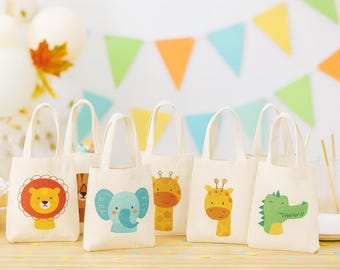 6 bolsas de algodón con estampado animal para regalos de fiesta, temática del zoológico.