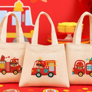 Feuerwehrauto Gastgeschenkbeutel - Kindergeburtstag, Baumwolltasche Baumwolltasche, 3er-Set