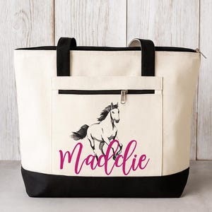 Bolsa de lona personalizada com estampa de cavalo e zíper. Cor-de-rosa